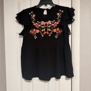 Black Embroidered Floral Babydoll Top Ruffle Sleeve Boho Cottagecore Size M